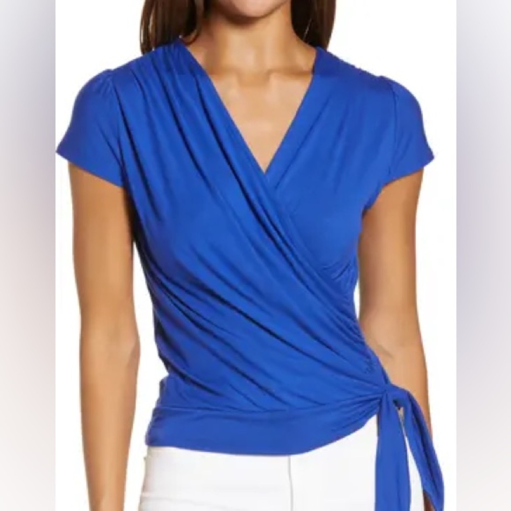 Loveappella Blue Faux-Wrap Short Sleeve Top Size XL